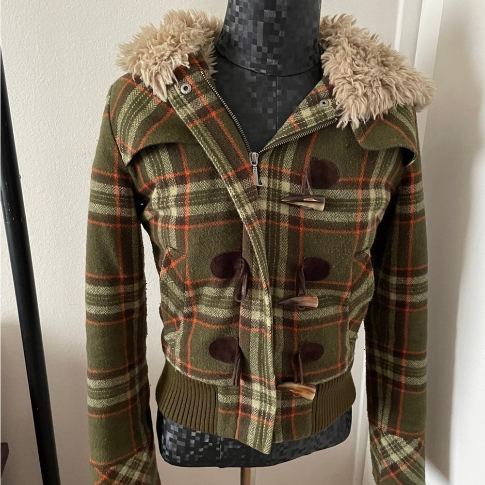Juicy Couture Rare XS P Vintage Plaid Sherpa Jacket Coat Olive Orange